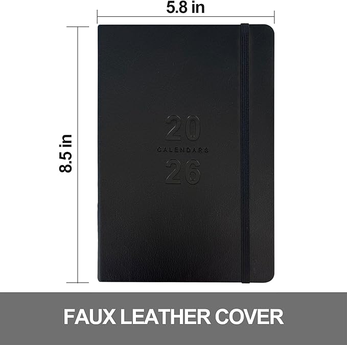 Daily Planner 2026, Calendar 2026 Agenda Planner Daily Journal Notebook 8.5"x5.8", January 2026 to December 2026, Faux Leather Cover (Black, 8.5"×5.75")