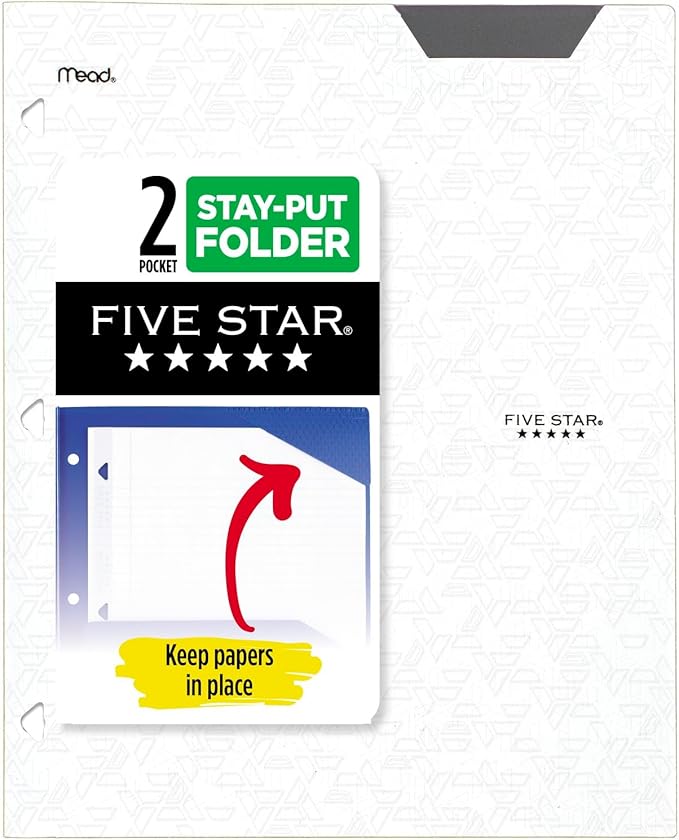 Five Star 2-Pocket Folder, Plastic Folder with Stay-Put Tabs, Fits 3-Ring Binder, Holds 8-1/2" x 11" Paper, White (333420I-ECM)