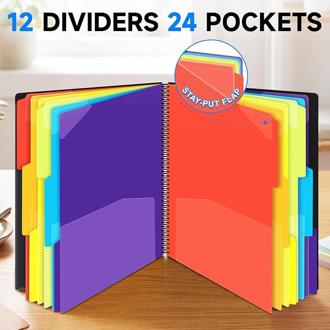 24 Pocket Poly Project Organizer for Office & Home, Large Capacity Expandable File Folder with Dividers, Heavy Duty Accordion Folder for Documents, Bills, Files Organization (Black)