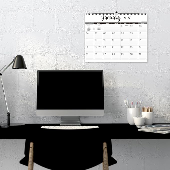 2026 Wall Calendar - 2026 Calendar with Thick Paper, 15" x 11.5", Jan.2026 - Dec.2026, Twin-Wire Binding + Hanging Hook + Ruled Blocks with Julian Date - Classic Black