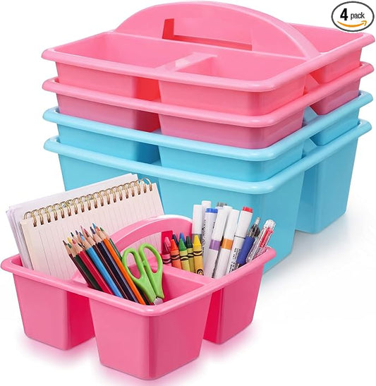 AceOrbit 4 Pack Pastel Classroom Caddy with Handle 9x9x5 Inch Pink Blue Plastic Classroom Desk Caddy Organizer with 3 Compartments for Pencil Crayon Marker Storage, Home Teacher Office School Supply