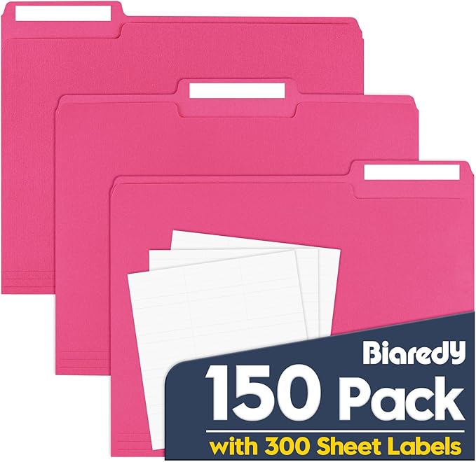 File Folders,Colored File Folders Letter Size,8.5" x 11",150 Pack 1/3 Cut Tab Durable Paper Bulk Folders with Blank Labels,File Folders for Office Business Home School Use,Bright Red