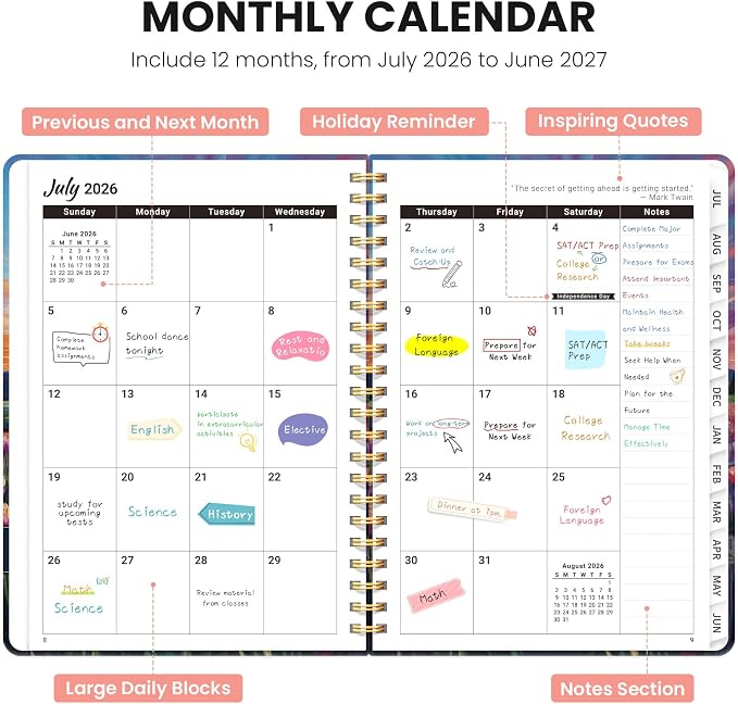 Planner 2026-2027, Monthly and Weekly Calendar Academic Planner July 2026 - June 2027, Hardcover Student Teacher Planning Agenda Book with Tabs, Perfect for Office School Supplies, A5 (6.3" x 8.5") - Radiant Pastures