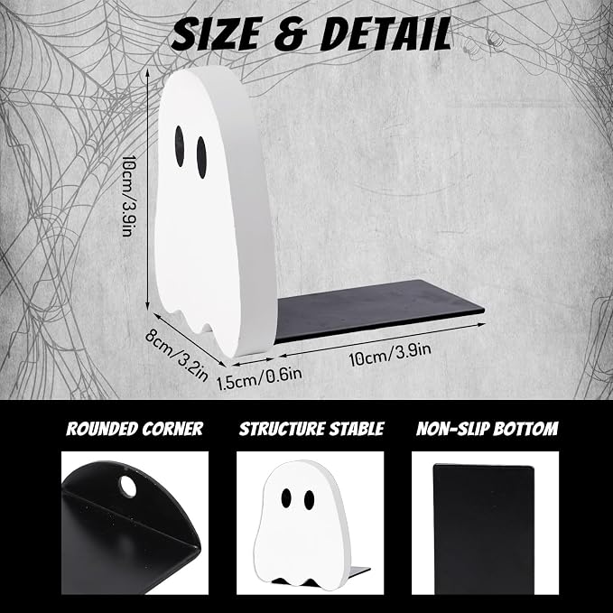 JarThenaAMCS 2Pcs Halloween Wood Bookends White Ghost Shape Wooden Book Stands Cute Ghost Non Skid Book Stoppers for Heavy Books Home School Office Library