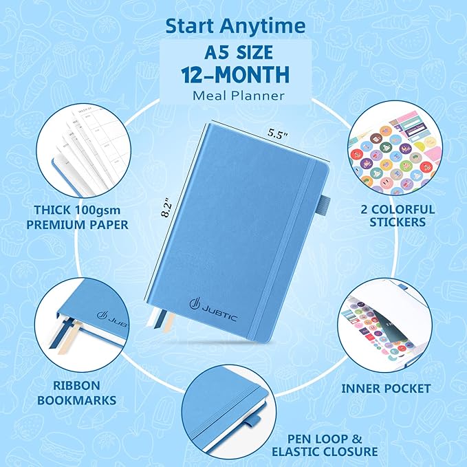 JUBTIC Weekly Meal Planner Notebook, Food Journal Daily Meal Prep Journal with Shopping and Grocery Lists for Food Planning Menu Planning Healthy Diet or Weight Loss Tracking, Undated, A5, Light Blue