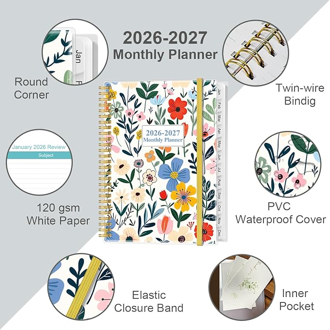 2026-2027 Monthly Planner - 18 Monthly Calendar, January 2026 - June 2027, Two Pages Per Month, 9" x11" Planner with Tabs, Strong Twin-Wire Binding, Inner Pocket, Flower-B