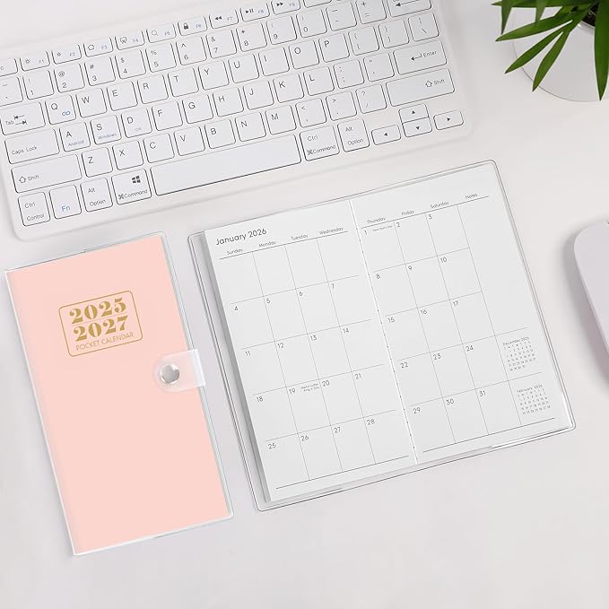 Pocket Calendar 2025-2027, Monthly Purse Planner (6.7" x 3.7") Runs from July 2025 to December 2027, Solid Pink Pocket Calendar with PVC Cover for Planning, Organizing, and Office Use
