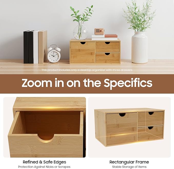 Ringmaster Bamboo Desk Organizer with 3 Drawers,Mini Desktop Organizer Drawer Tabletop Storage Organization Box for Office Home Supplies