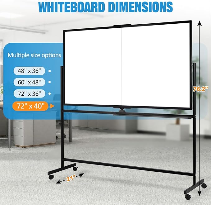 Rolling Dry Erase Board, 72" x 40" Double-Sided Mobile Whiteboard with Stand Large Dry Erase White Board on Wheels for Office, Classroom & Home