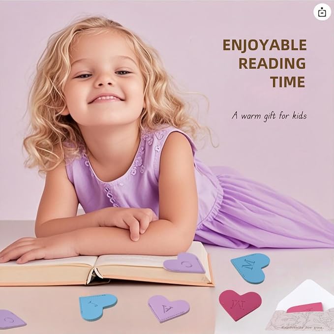 MOTEERLLU Personalized Leather Heart Bookmark with Initials, Handmade, Letter Cute Custom Corner Book Marks for Reading Women, Teachers, Students, Book Lovers, Book Accessories(Purple,W)
