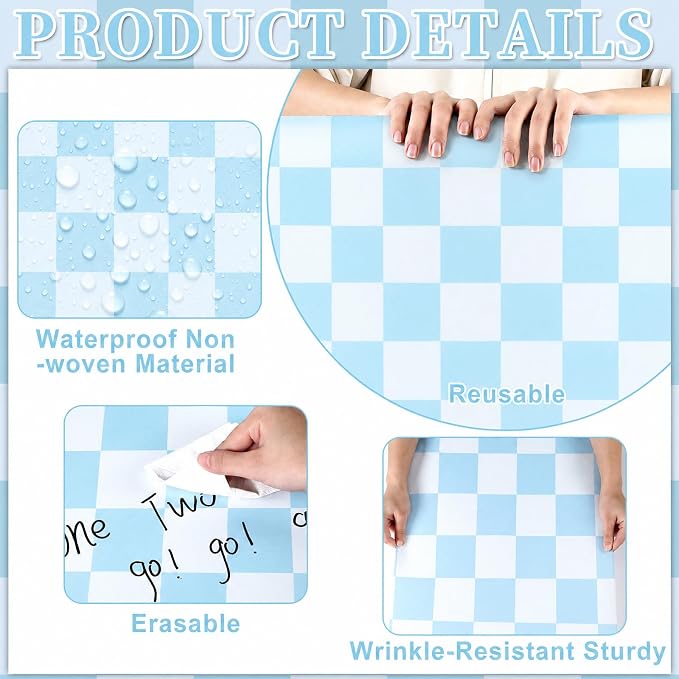 Blue Checked Bulletin Board Roll Reusable Waterproof Erasable Pastel Blue Non-Woven Fabric Bulletin Board Roll Wrinkle Resistant Background Poster for Classroom Decor Wrapping DIY Crafts 15.7" x 40ft