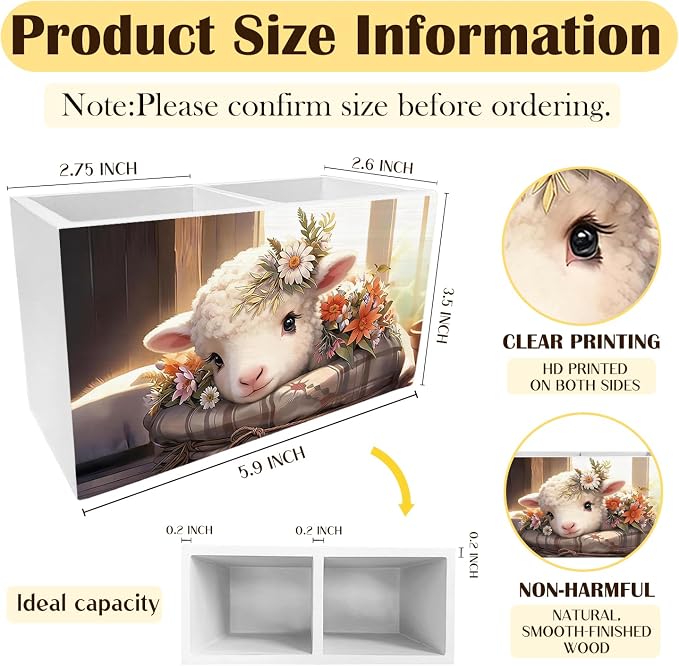 Floral Lamb Pen Holder for Desk, Sheep Gifts for Women Pencil Organizer, Rustic Farmhouse Flower Lamb Wooden Box Sign Desk Decor for Home Office Decoration