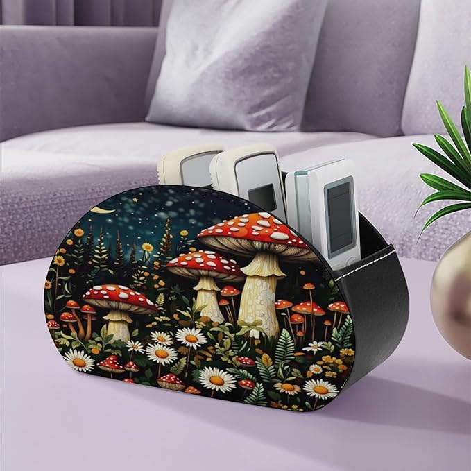 Moon Mushroom Forest Remote Control Holder with 5 Compartment PU Leather Multi Functional Desk Storage for TV Remotes Office Supplies
