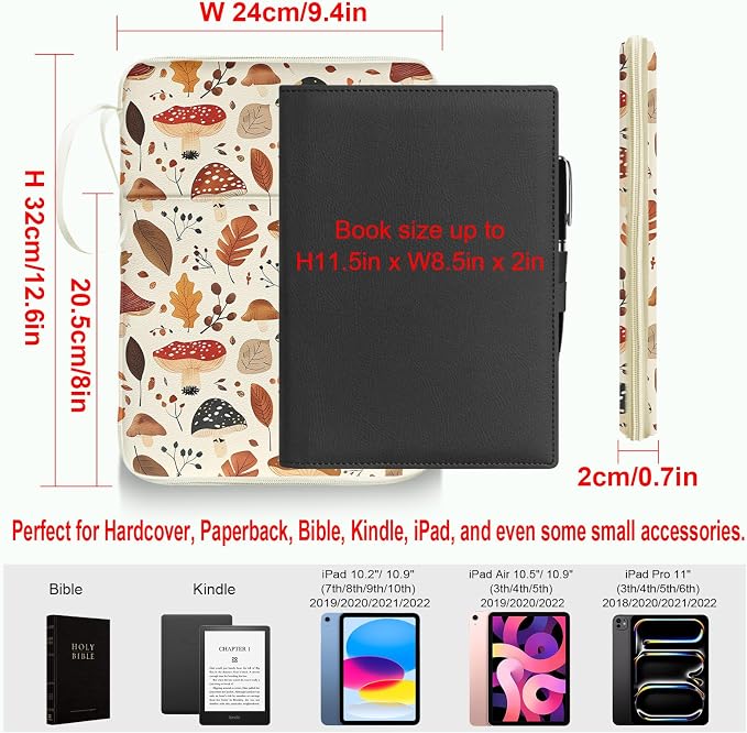 Book Sleeve Book Cover Bag, PU Leather Waterproof Book Pouch, Book Protector Case with Zipper, Fall Autumn Leaf Mushroom Print Portable Book Cover Bag for Book Lovers Gifts Paperbacks Hardcover