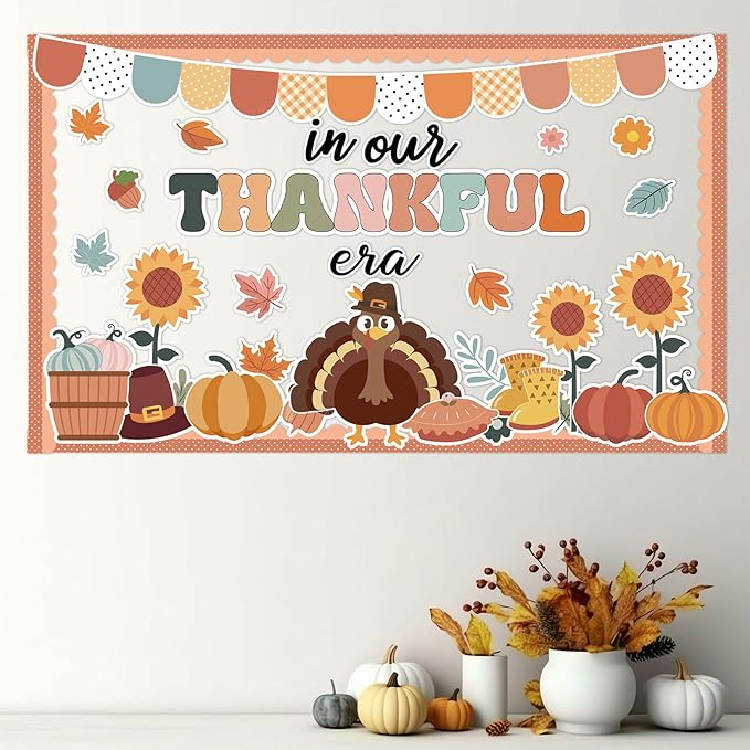Thanksgiving Turkey Bulletin Board Set in Our Thankful Era Classroom Bulletin Board Decoration Fall Turkey Pumpkin Maple Leaves Paper Cutout for Classroom School Home Chalkboard Wall Decor