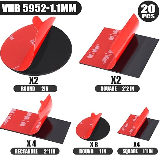 Navona 20 Pack Heavy Duty Double Sided Mounting Tape – VHB 5952 Foam Tape, 1 Inch & 2 Inch, Square Rectangle & Round Shapes, Waterproof, Heat Resistant, for Car & Home Decor