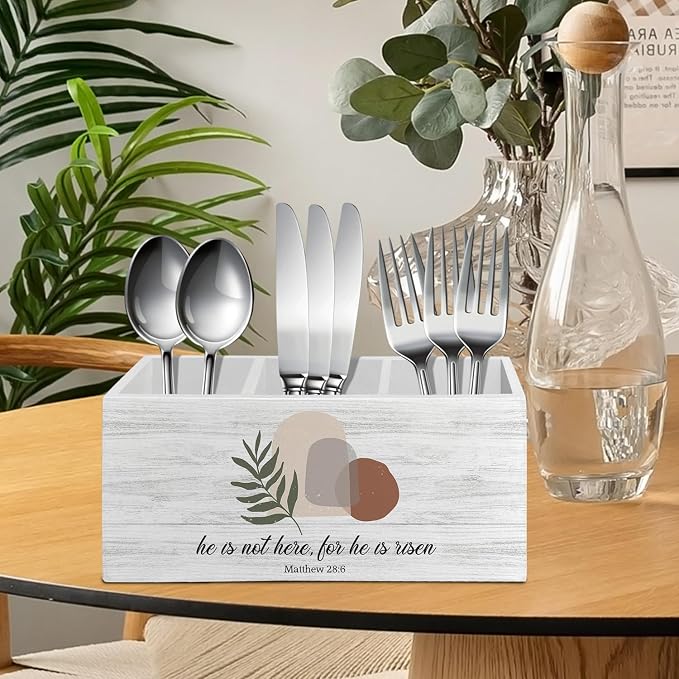 Boho Easter Christian Pen Pencil Holder Organizer for Desk Accessories, He Is Risen Bible Verse Wooden Box Sign Desk Decor for Home Office Decoration, Religious Easter Decor
