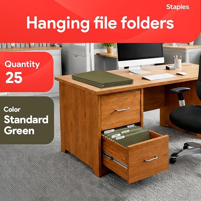 Staples Reinforced Hanging File Folders, Letter Size, 3" Expansion, Wide‑Capacity Box‑Bottom Design, Standard Green – 25/Pack