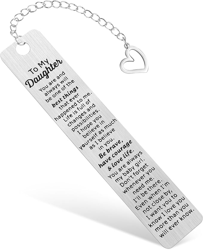 Inspirational Daughter Birthday Gift Bookmark Book Lovers Girl Gifts Bookmarks Metal Book Marker with Heart Shaped Chain Bookmark for Kids Teen Girls Stepdaughter, Birthday Graduation