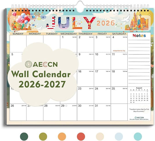 AECCN Calendar 2026-2027, 18 Months Calendars, 14.4" x 11.4" Durable Thick Paper, Anti Ink Bleed, Wall Calendar 2026-2027 with Stickers for Home, school, Office Planning-Colorful