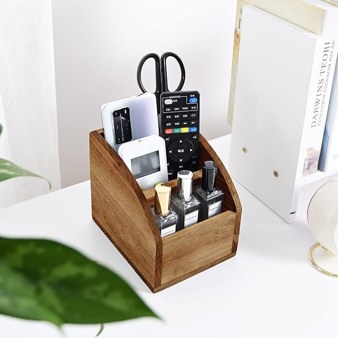 BONNY DODO Remote Control Holders Organizer Box for Table Small Solid Wooden Desk Farmhouse Home Decor Caddy Basket Store Tv Remote for Media Player,Pencil,Glassees&Office Supplies (Brown, S)