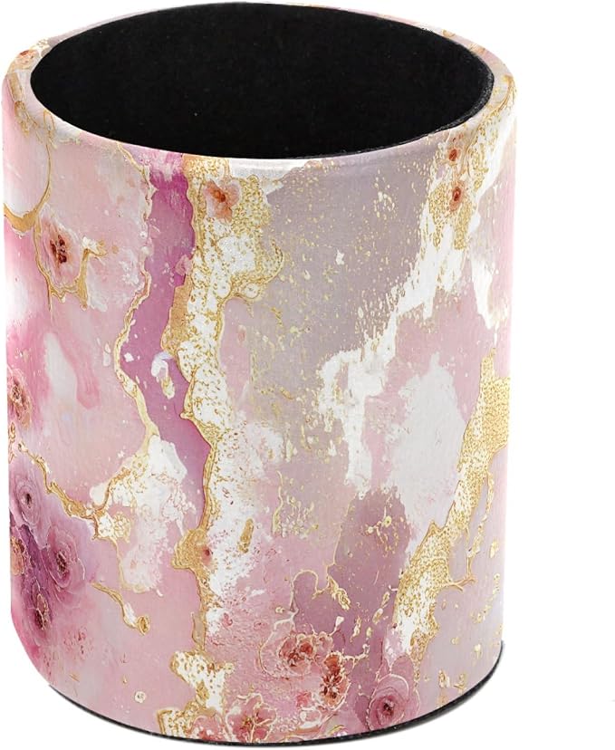 Leather Pen Holder for Desk, Pink Gold Marble Makeup Brushes Holder Pencil Cup Multifunctional Desktop Organizer Caddy for Home School Office Desk Accessories