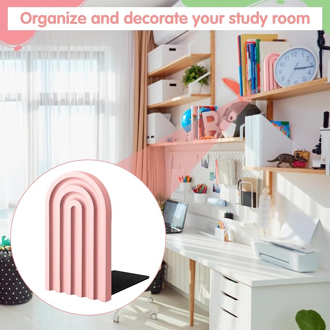 Harloon 4 Pcs Boho Arch Wooden Bookends, Decorative Rainbow Book Stoppers with Non-Slip Metal Base, 5x3x4 Inches, Cute Shelf Decor for Heavy Books, Home Office Study Desk Organizer(Pastel Color)
