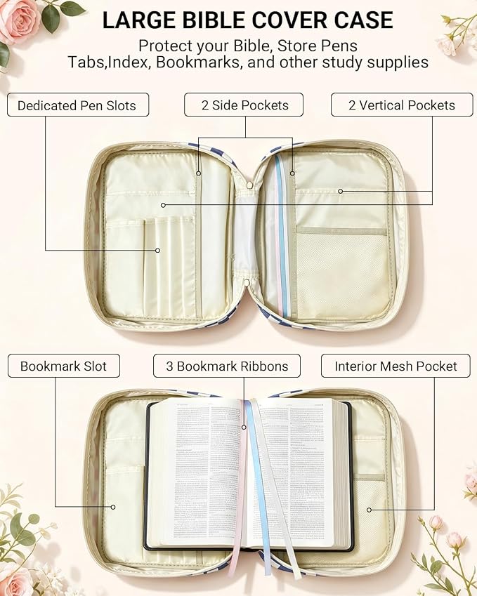 Bible Cover case for Women,Large Bible Bag,Bible Study Supplies,Checkered Corduroy Bible Case for Girls,Christian Gifts for Women,Mother's Day(Blue Large)