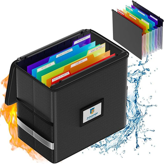Fireproof File Box, 12.6''*7.8''*9.8'' | Hanging File Folders Included, 7x1.2" Accordion Pockets, Letter Size Organizer, Retractable Hook, 1/3-Cut Tab