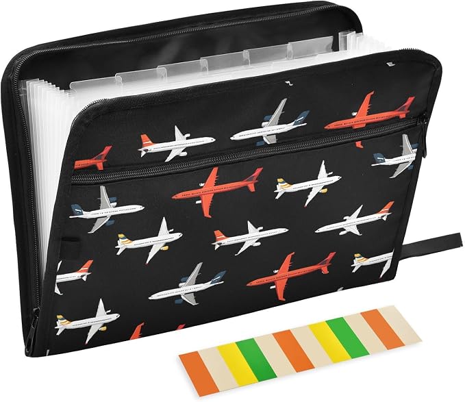 ALAZA Airplane Black 13 Pocket Expanding File Folder with Labels, Accordion File Folder File Organizer Letter A4 Paper for Office School Student