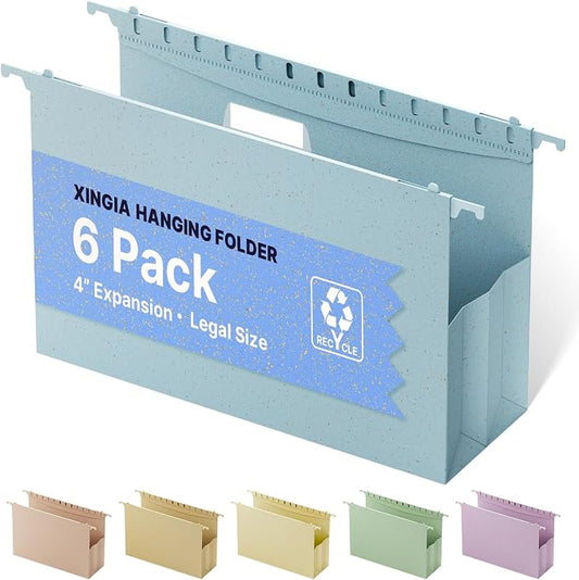 XINGIA Legal Size Hanging File Folders, Expandable 4 Inch File Folders Legal Size with Tabs, 6 Pack File Folders for Filling Cabinets, Hanging File Folder Organizer for School Office Home