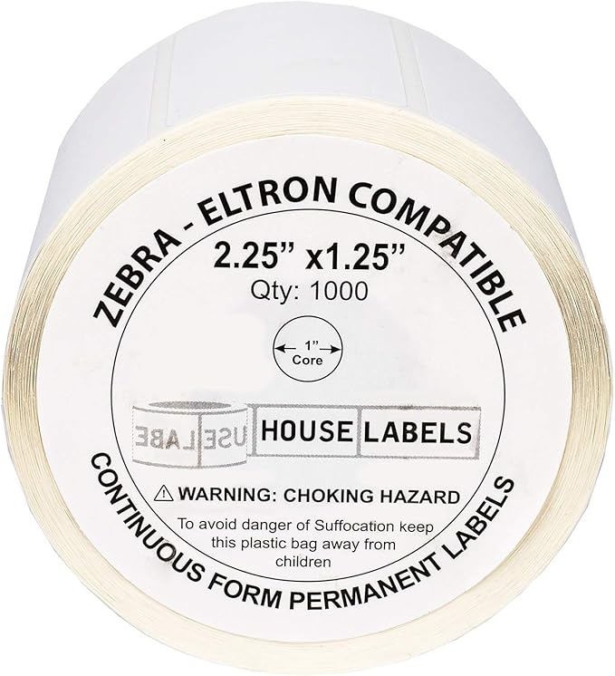 HOUSELABELS 2.25" x 1.25" Address Labels on 1" Core Compatible with Zebra and Rollo Printers, 15 Rolls / 1,000 Labels per Roll