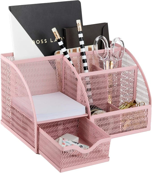 BLU MONACO | Light Pink Desk Organizer | Metal Drawer Desk Organizer with 6 Compartments and 1 Drawer | Cute Office Accessories for Women Home School