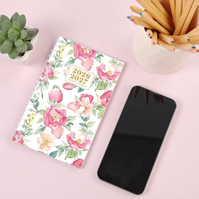 Pocket Calendar 2026-2027, Floral Small Planner -3.7" x 6.7" for Purse, Runs from January 2026 Until December 2027, Monthly Planner 2026-2027 with Coil Organizing & Planning