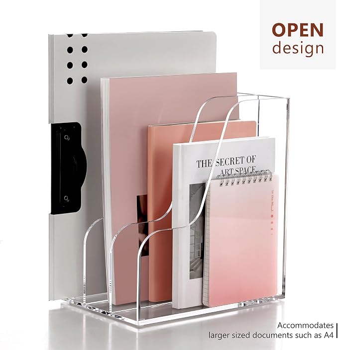 SANRUI Acrylic File Organizer, Compact Desk Organizer for Folders, Binders, Notebooks, Envelopes, Clear Magazine File Holder, 3 Section Bookshelf for School Home Office Organization, A4 Size