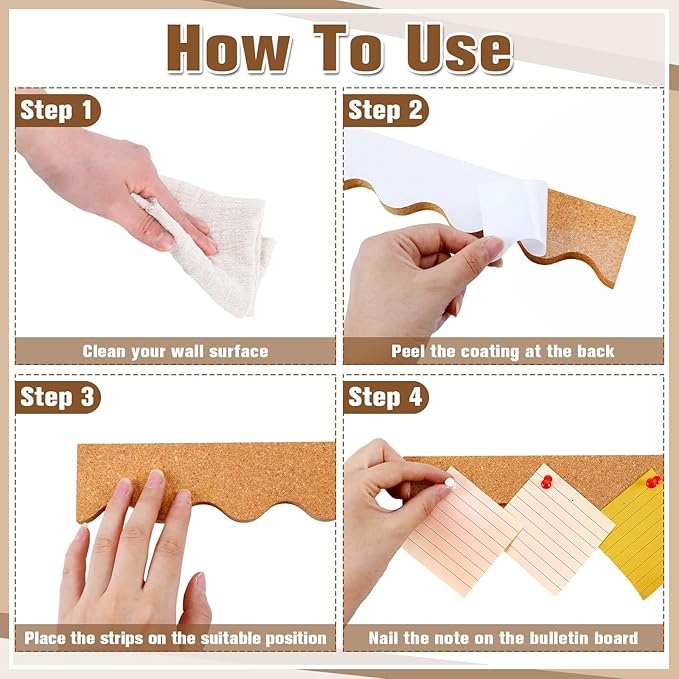 CroBlissful 4 Pcs Cork Strips Bulletin Bar Strip for Wall 14. 5 x 2 Inch Frameless Cork Board Strips with 50 Push Pins, Self Adhesive Backing, for Classroom Office Home Cubicle (Waved Style)