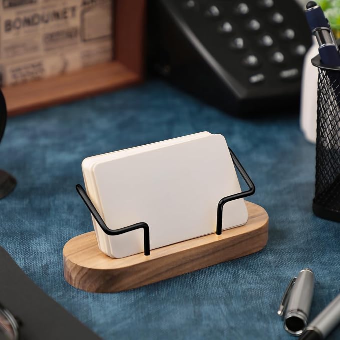 Amyhill 2 Pcs Wood Business Card Holder for Desk Wooden Business Card Display Stand Postcard Organizer for Office Home Desktop(Wood Color)
