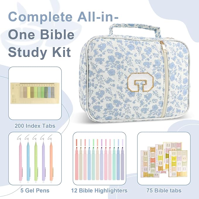 Personalized Initial Bible Cover Case for Women Girls Kid - Large Quilted Bible Case with Handle, Stylish Chenille Letter Bag Study Supplies, Perfect Christmas Gifts for Christians (Blue Flower-C)