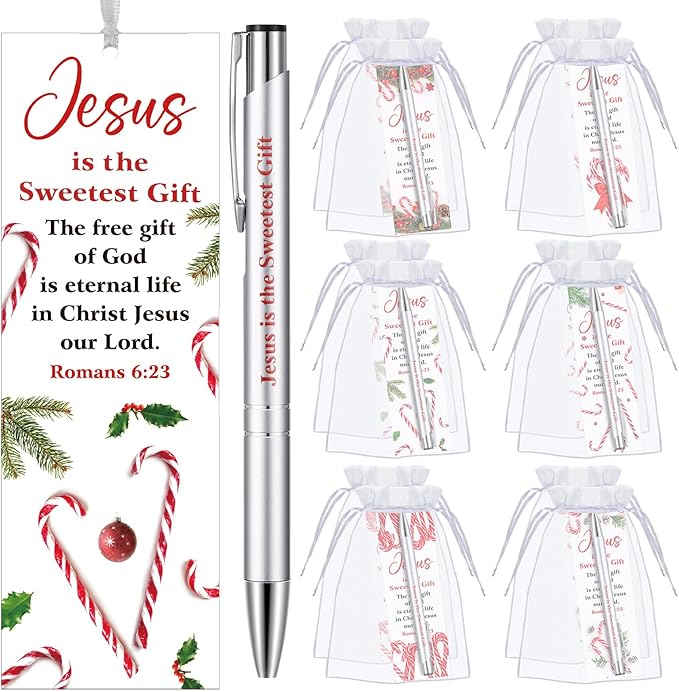 Dispowreath 24 Pcs/12 Sets Jesus is the Sweetest Gift, Include 12 Xmas Romans 6: 23 Bookmark 12 Bible Verse Ballpoint Pen for Christmas Church Prizes Party Favors