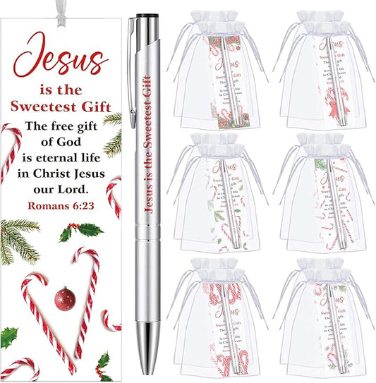 Dispowreath 24 Pcs/12 Sets Jesus is the Sweetest Gift, Include 12 Xmas Romans 6: 23 Bookmark 12 Bible Verse Ballpoint Pen for Christmas Church Prizes Party Favors