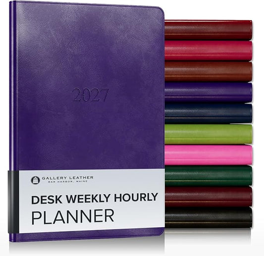 Gallery Leather Desk Hourly Weekly Monthly Planner 2027, Elegantly Bound Calendar Planner and Notebook with Stylish Gold-Gilded Page Edges, 12 Months - Acadia Plum - 8x5.5"