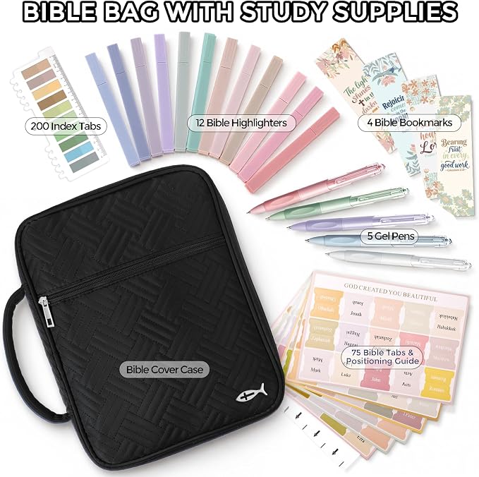 XKDOUS Bible Cover Case for Women, Large Bible Cover with Durable Handle, Washable Quilted Bible Case, Bible Study Supplies & Christian Gifts for Mom, Women, Men (Black)