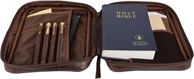 Handmade Genuine Leather Bible Cover with Zipper | Large 11 Inch Rustic Bible Case for Men & Women | Travel Bible Bag with Handle, Pen Holder & Pockets | Christian Gift by KomalC