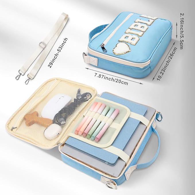 Silkfly Blue Bible Cover Case Preppy Large Chenille Letter Church Bag with Shoulder Strap Handle Back to School Gifts Waterproof Christian Tote Bag for Women Teacher Bible Accessories