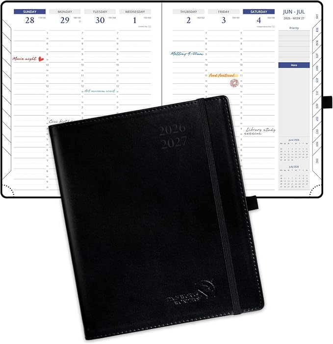 POPRUN Weekly Planner 2026-2027(Medium 7" x 8.5"), 30-Minute Hourly Appointment Book (July 2026-June 2027) with Monthly Tabs, Inner-pocket, Pen Holder, PU Leather Softcover - Black