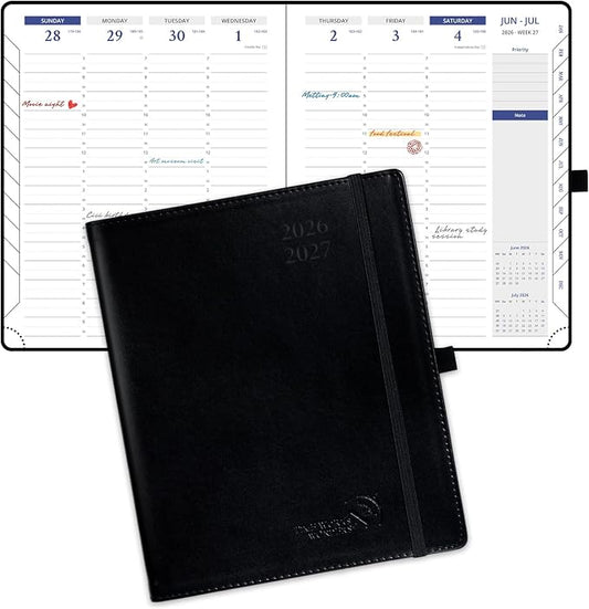 POPRUN Weekly Planner 2026-2027(Medium 7" x 8.5"), 30-Minute Hourly Appointment Book (July 2026-June 2027) with Monthly Tabs, Inner-pocket, Pen Holder, PU Leather Softcover - Black