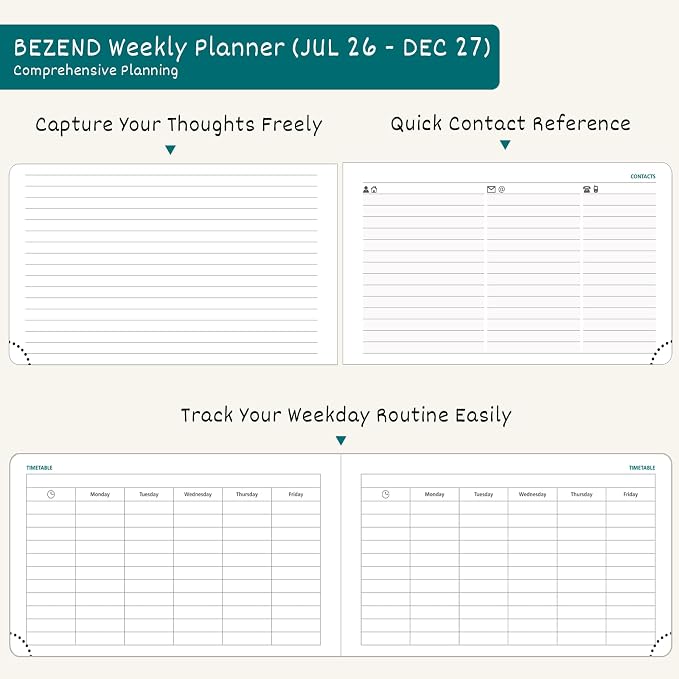 BEZEND Weekly Planner 2026 2027 Equal Weekend Space with Hourly Timeslot (Medium 9" x 5.5") 18 Months Academic Calendar (Jul 26-Dec 27) for Students, Work & Home, PU Leather Hardcover -Beige