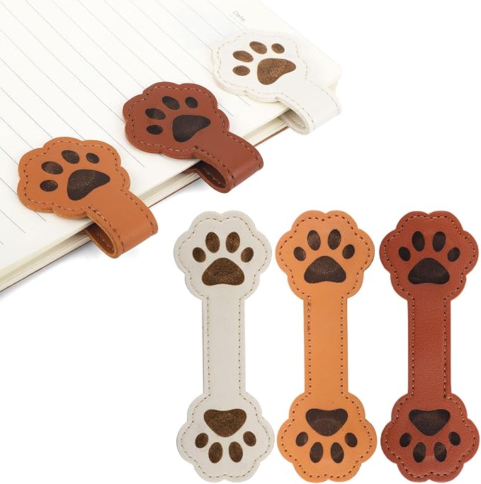 3pcs Dog Paw Magnetic Bookmarks, Cute Paw Shape Leather Magnet Bookmark Vintage Magnetic Book Marks Book Accessories for Reading Gift for Book Lover Readers Men Women (3 Colors)