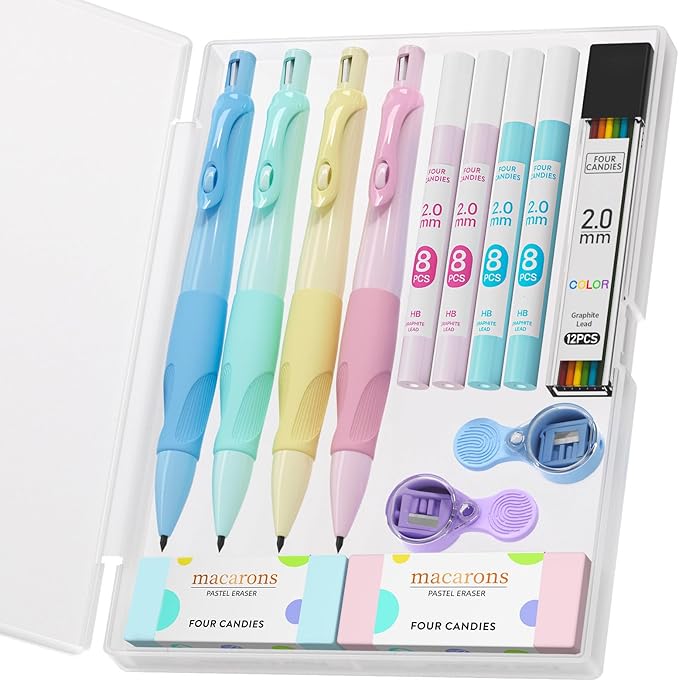 Four Candies 2.0MM Handwriting Pencils for Kids with Comfort Ergonomic Grip, 4PCS Cute Mechanical Pencils with 44PCS Lead Refills, 2PCS Sharpeners/Erasers, Aesthetic School Supplies for Kids Writing