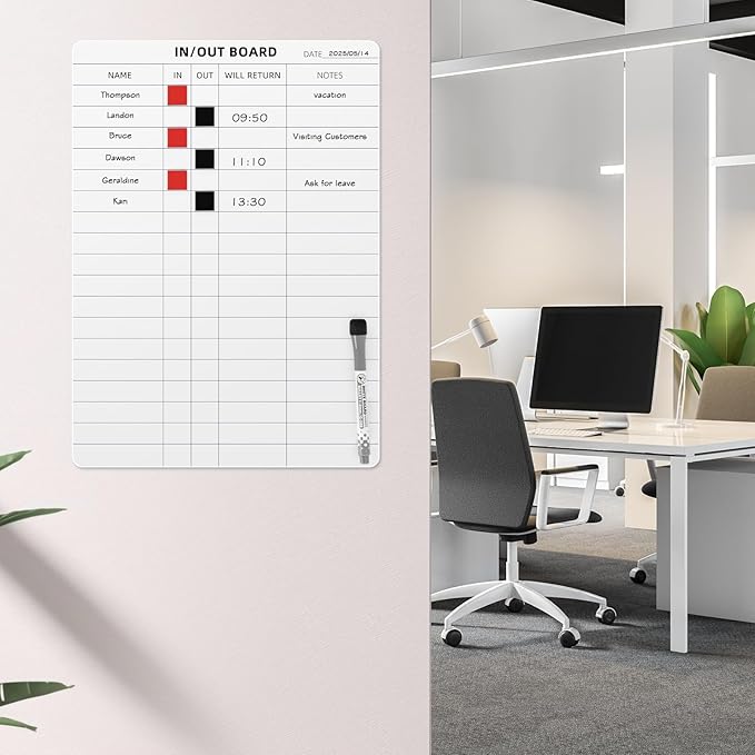 in and Out Calendar Dry Erase Board for Wall with 20 Magnetic Blocks, in/Out Planner for Office Staff Schedule Tracker 16" x 12"